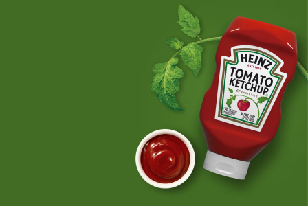 Heinz ketchup bottle on a green background